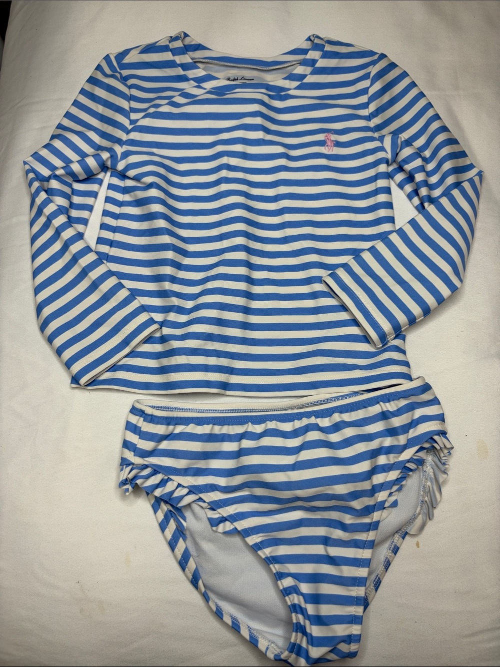 Ralph Lauren Blue & White Striped Long-Sleeve Swim Set with Pink Polo Logo